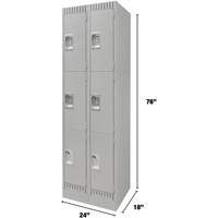 Lockers, 3 -tier, Bank of 2, 24" x 18" x 76", Steel, Grey, Knocked Down Equipex
