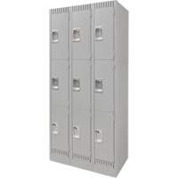 Lockers, 3 -tier, Bank of 3, 36" x 18" x 76", Steel, Grey, Knocked Down Equipex