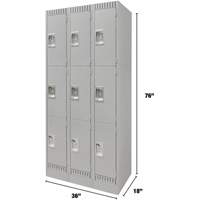 Lockers, 3 -tier, Bank of 3, 36" x 18" x 76", Steel, Grey, Knocked Down Equipex