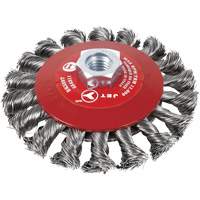 Brosse conique &agrave; fils nou&eacute;s torsad&eacute;s, Dia. 6", Fils 0,02", Arbre 5/8"-11, Acier Equipex