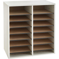 Adjustable Compartment Literature Organizer, Stationary, 16 Slots, Wood, 19-1/2" W x 11-3/4" D x 21" H Equipex