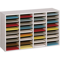 Adjustable Compartment Literature Organizer, Stationary, 36 Slots, Wood, 39-1/4" W x 11-3/4" D x 24" H Equipex