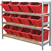 Wide Span Shelving with Jumbo Plastic Bins, Steel, Boltless, 800 lbs. Capacity, 66" W x 60" H x 18" D Equipex