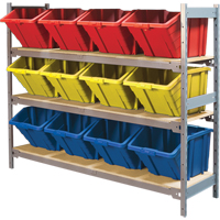 Wide Span Shelving with Jumbo Plastic Bins, Steel, Boltless, 800 lbs. Capacity, 66" W x 60" H x 18" D Equipex