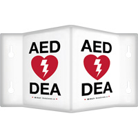 Enseigne &agrave; projection sur 90°  AED/ DEA , 6" x 5", Plastique, Bilingue avec pictogramme Equipex