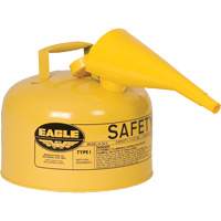 Bidon de s&eacute;curit&eacute; pour le diesel avec entonnoir, Type I, Acier galvanis&eacute;, 2,5 gal. US, Jaune, Homologu&eacute; FM/List&eacute; UL/ULC Equipex