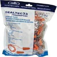Bouchons d'oreilles coniques jetables en mousse de PU orange SEALTEC33, Vrac - Sac en poly, Avec cordon Equipex