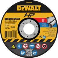 Meule de tronçonnage des m&eacute;taux HP, 4-1/2" x 0,04", Arbre de 7/8", Type 1, Oxyde d'aluminium, 13 300 Tr/min Equipex