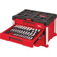 242-Piece 1/4”, 3/8” & 1/2” Drive Metric & SAE Ratchet & Socket Set with PACKOUT 4-Drawer Tool Box, 16-3/10" x 22-1/5" x 14-3/10", Black/Red Equipex