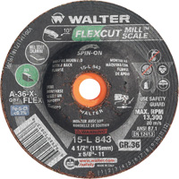 FLEXCUT MILL SCALE Grinding Wheel, 4-1/2", 36 Grit, Aluminum Oxide, 5/8"-11, 13300 RPM, Type 29 Equipex